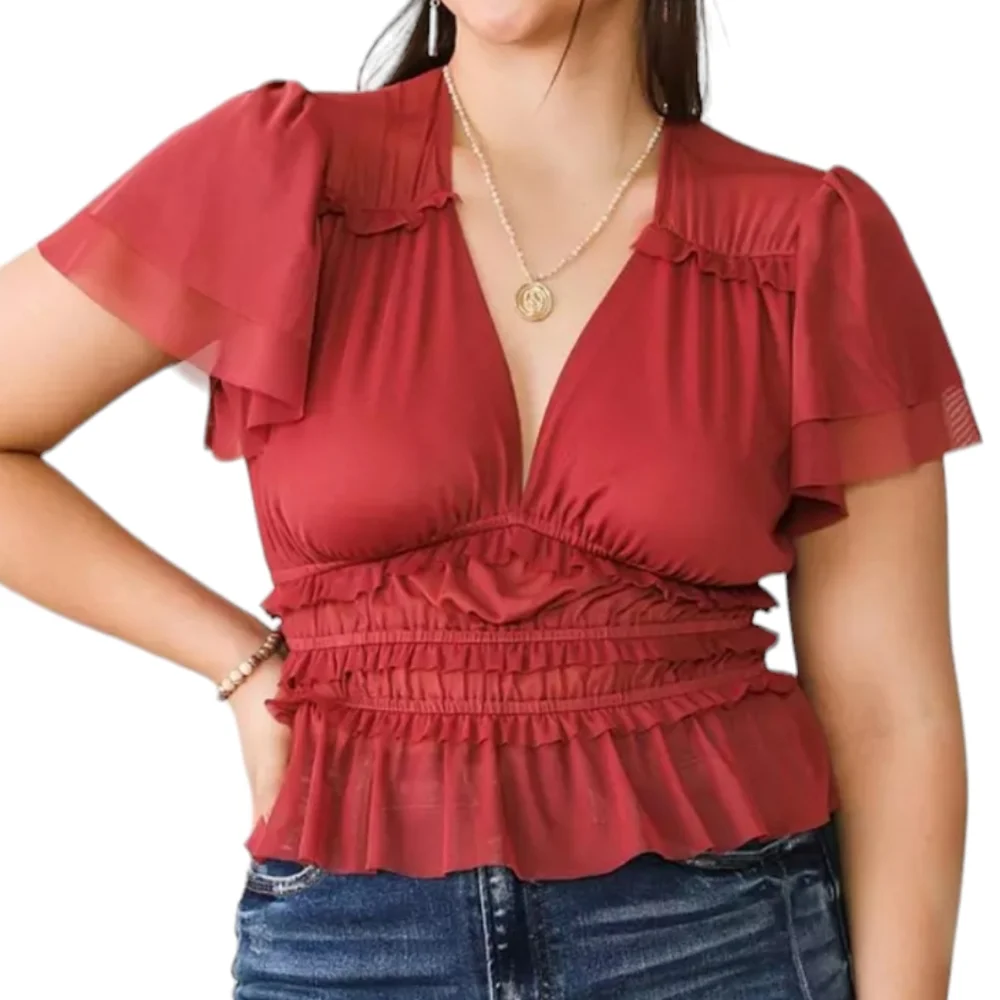 Tiered Ruffle Mesh Cropped Top - Picture 1 of 12